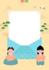 Cute children wearing hanbok on a traditional Korean background.