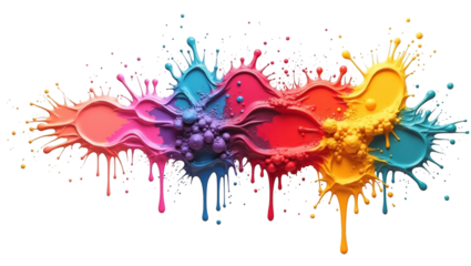 Vibrant colorful paint splashes and drips create an abstract design against a black backdrop.