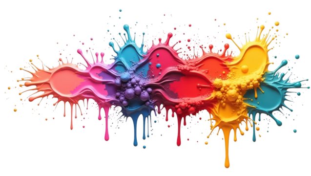 Vibrant colorful paint splashes and drips create an abstract design against a black backdrop.