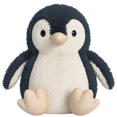 A cute, fluffy plush penguin toy with dark blue and white feathers, sitting and facing forward, isolated on transparent background