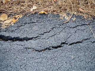 Closeup view of a cracked asphalt surface, showing deep fissures running through the rough, textured pavement. Dry leaves and grass around the edges add a natural contrast to the dark, rugged asphalt.