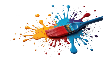 A vibrant red paintbrush rests amidst a dynamic splash of colorful paint on a black background, showcasing the artistic expression of color and form.
