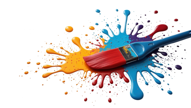 A vibrant red paintbrush rests amidst a dynamic splash of colorful paint on a black background, showcasing the artistic expression of color and form.