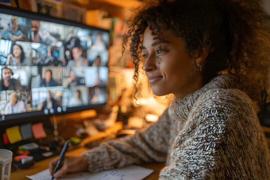 Video call, online conference using app and computer African American female sudent, studying remotely, atches an online lecture, aking notes, multiracial siling people on the computr screen