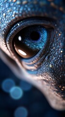 Obraz premium Blue alien eye staring with textured skin and blurry lights