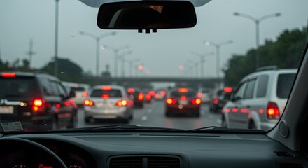 Traffic Jam Seen Through a Car Windshield on a Rainy Day