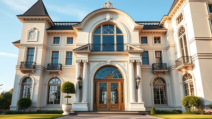 Fototapeta premium Grand mansion entrance featuring intricate architectural details under clear daylight skies.