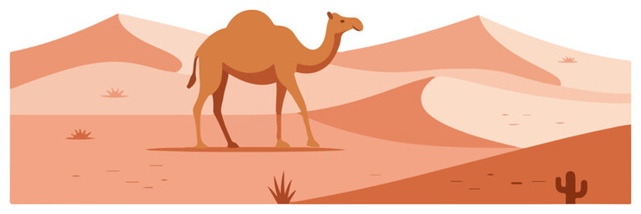 A camel stands in a desert landscape with sand dunes, sparse vegetation, and a cactus.