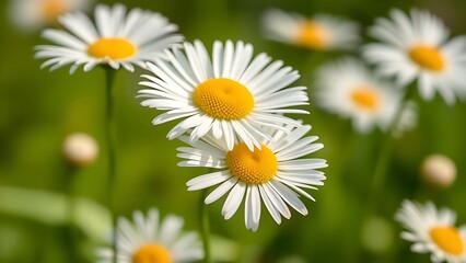 Obraz premium Close-up of fresh daisies with a soft green backdrop, natural light enhancing their delicate beauty.