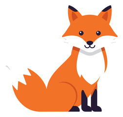 Obraz premium Cartoon fox sitting, depicted with orange fur, a white chest, and black accents on its ears and paws.