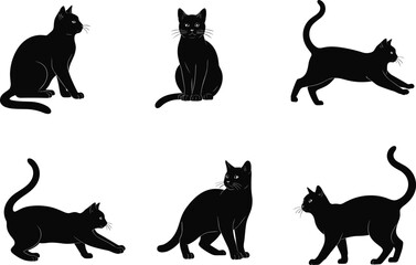 Black cat silhouette vector set, feline poses collection, sitting, walking, crouching, standing cats, animal clipart, pet illustration, isolated design