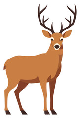 Illustration of a brown deer with large antlers, standing and looking forward.