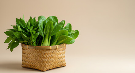 Naklejka premium A rustic wicker basket brimming with an assortment of fresh green leafy vegetables and herbs against a plain beige background