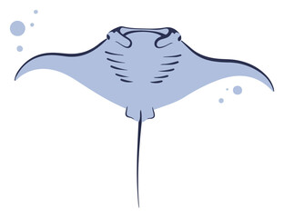 Obraz premium Stylized illustration of a manta ray swimming, depicted in light blue with simple line details and bubble accents.