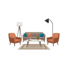 Fototapeta premium Midcentury modern living room interior design sofa armchairs coffee table floor lamps rug pillows