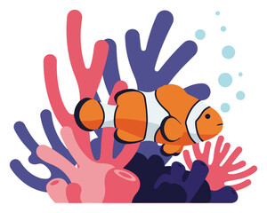 Obraz premium Cartoon clownfish swimming amongst pink and purple coral with bubbles on a white background.