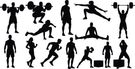 Fitness silhouettes performing strength training, weightlifting, running, stretching, boxing, athletic exercises, cardio workouts
