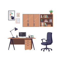 Modern Home Office Setup Desk Chair Bookshelf Computer and Decor