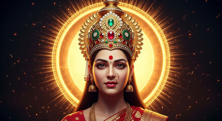 Goddess lakshmi emerging from golden halo, embodiment of prosperity and beauty