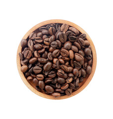flat lay of roasted coffee beans in a wooden bowl isolated on white background
