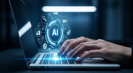 Businesswoman using laptop with artificial intelligence software and futuristic interface