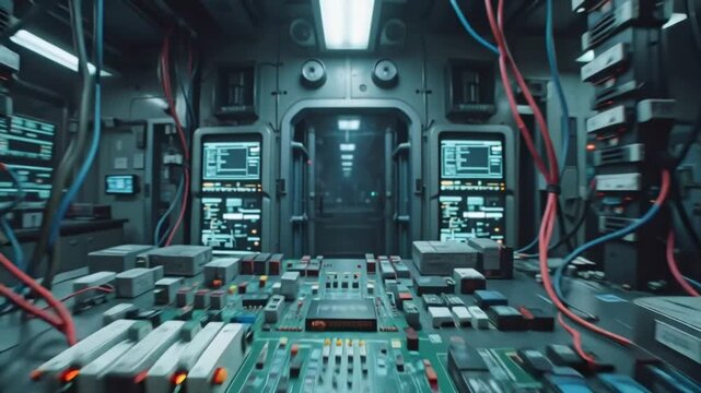 Advanced futuristic laboratory with complex electronic equipment and multiple screens