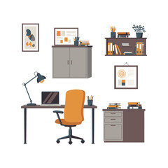 Vector illustration of a modern office desk with a computer, furniture, and other business icons