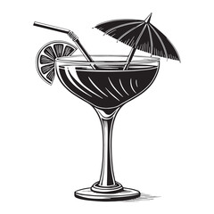 Black Tropical Drink with Umbrella Silhouette Vector, High Quality Illustration on White Background