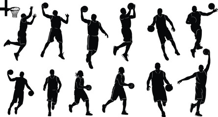 Silhouettes of basketball players in action, dribbling, shooting, dunking, passing, running, basketball game, sports, athletic players, dynamic poses, basketball court