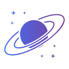 Abstract celestial icon of a ringed planet with stars. A purple and blue gradient logo concept for science, technology, or space exploration