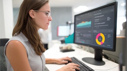 Focused woman analyzing data on a computer screen in a modern office environment.