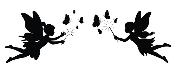 Two silhouettes of fairies with purple butterfly wings casting magic on butterflies