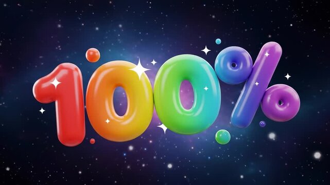 Colorful 100 Percent Celebration with Balloons and Stars