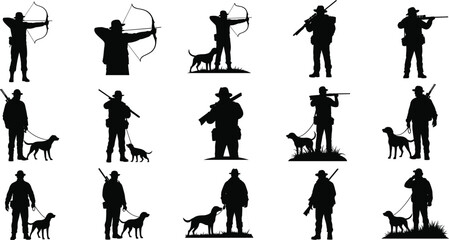 Silhouettes of hunters with bows and rifles, hunting dogs, outdoor hunting, archery, wildlife hunting, forest hunter, aiming bow, hunter with dog, rifle hunter, 