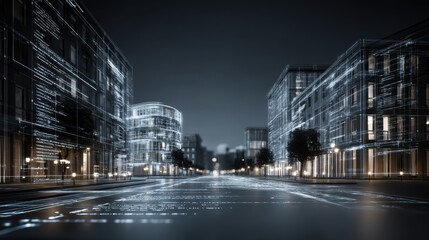 A futuristic cityscape featuring illuminated buildings and a digital overlay, creating a blend of technology and urban design at night.