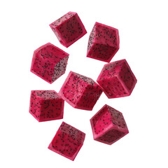 Scattered cubes of vibrant pink dragon fruit isolated on transparent background