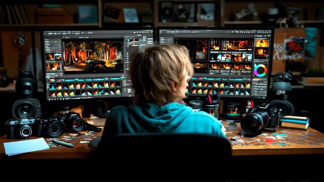 Engaging in digital editing in a cozy workspace filled with cameras and vibrant colors