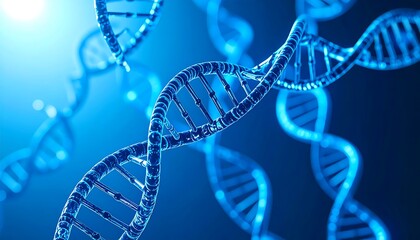 3D rendered DNA double helix strands with blue light Science with research, and biology.