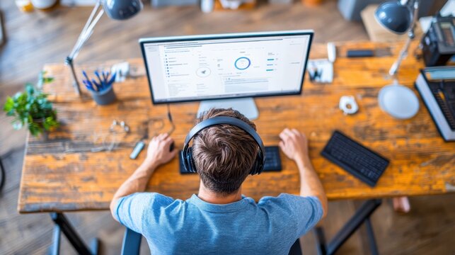 Overhead view of man in headphones working on computer at a stylish wooden desk in a modern home office setting