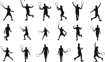 Tennis player silhouette collection, male and female sports figures, racket action poses, vector illustration, active match scene, athlete movement