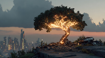 Cyberpunk - style Glowing Ancient Tree and Urban Ruins, Futuristic Blending Scene of Nature and Technology for Sci - fi Creation, Atmosphere Building, Background Material