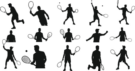 Tennis player silhouette, male athlete vector, racket sport icon, tennis match pose, hitting ball, sportsman shadow illustration, game motion