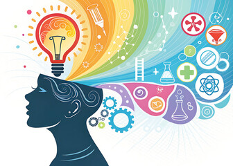 Creative Thinking and Innovation Abstract Illustration with Colorful Symbols Emanating from Head Representing Ideas and Knowledge