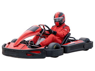 Gokart racer in a red suit and helmet driving a red gokart isolated on transparent background