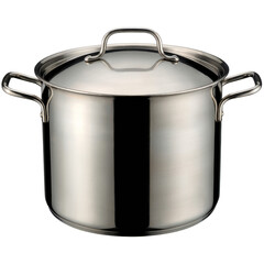 A shiny stainless steel cooking pot with two handles and a lid, isolated on transparent background