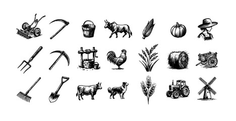 Traditional Farming Flatten Hand Drawn Iconography Set Vector by AZ for UI/UX, Books, Design and Decoration Asset