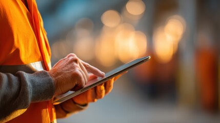 A person wearing an orange safety vest uses a tablet in a well-lit environment, highlighting a blend of technology and safety in a work setting.