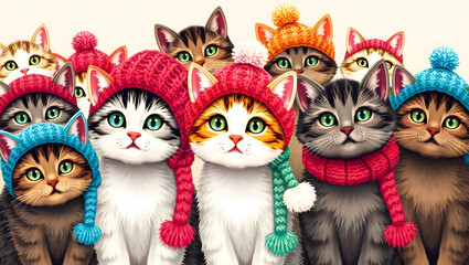 A group of cats wearing winter hats and scarves looking forward with bright eyes and fluffy ears