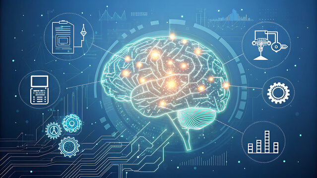 Futuristic Brain Illustration with Machine Learning Elements Neural Network Deep Learning Concepts Data Analysis Artificial Intelligence Integration Robotics and Automation