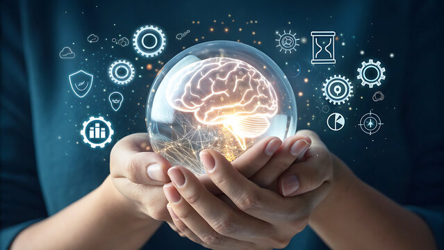 Human Brain in a Glass Orb Held in Hands symbolizing knowledge and advanced technological future with digital icons concept